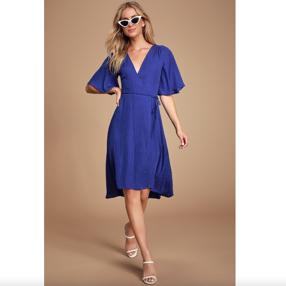 Lulus Farah Royal Blue Print Midi Wrap Dress